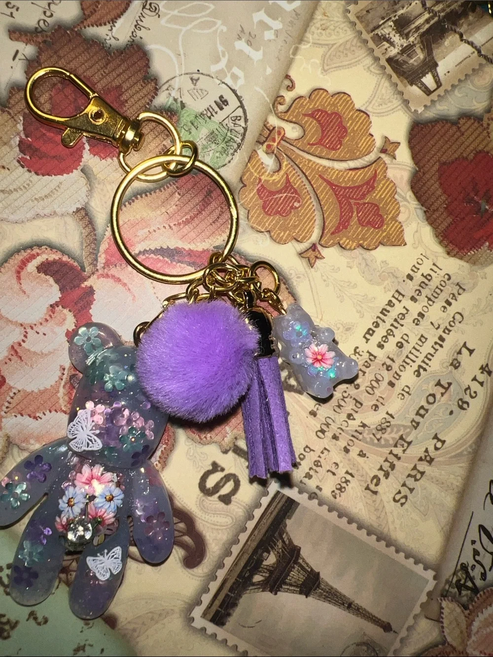 Purple Floral Resin Bear Keychain, backpack or purse charm.